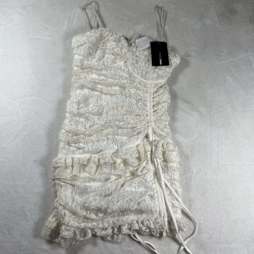 Fashion Nova Dress Womens Large White When In Italy Lace Mini‎ Ruched Bodycon
